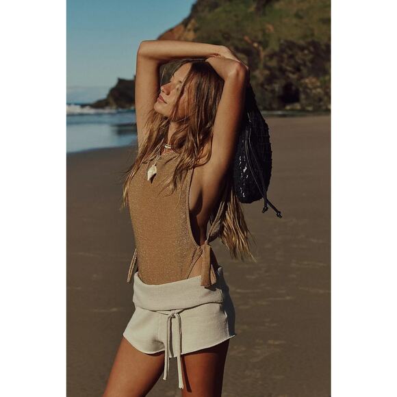 New FREE PEOPLE free-est Pamela Lurex One-Piece Swimsuit $148 GOLD Large - Picture 1 of 6